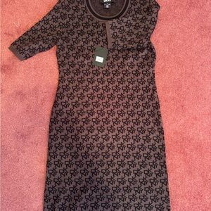 DKNY Black and Gray Logo Long Sleeve Dress